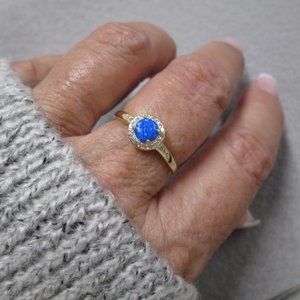 Brilliant Cut Blue OPAL 14kt.Gold over Sterling Ring>Dainty, Simulated Diamonds